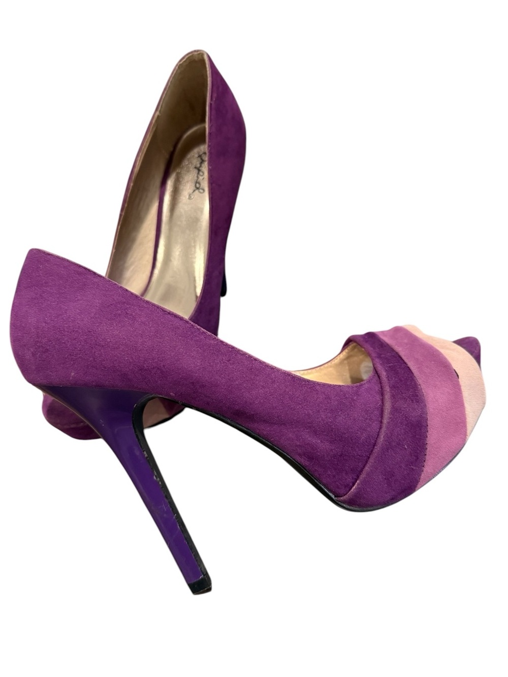 Qupid Purple and Pink Suede Peep-Toe Heels - Picture 3 of 4
